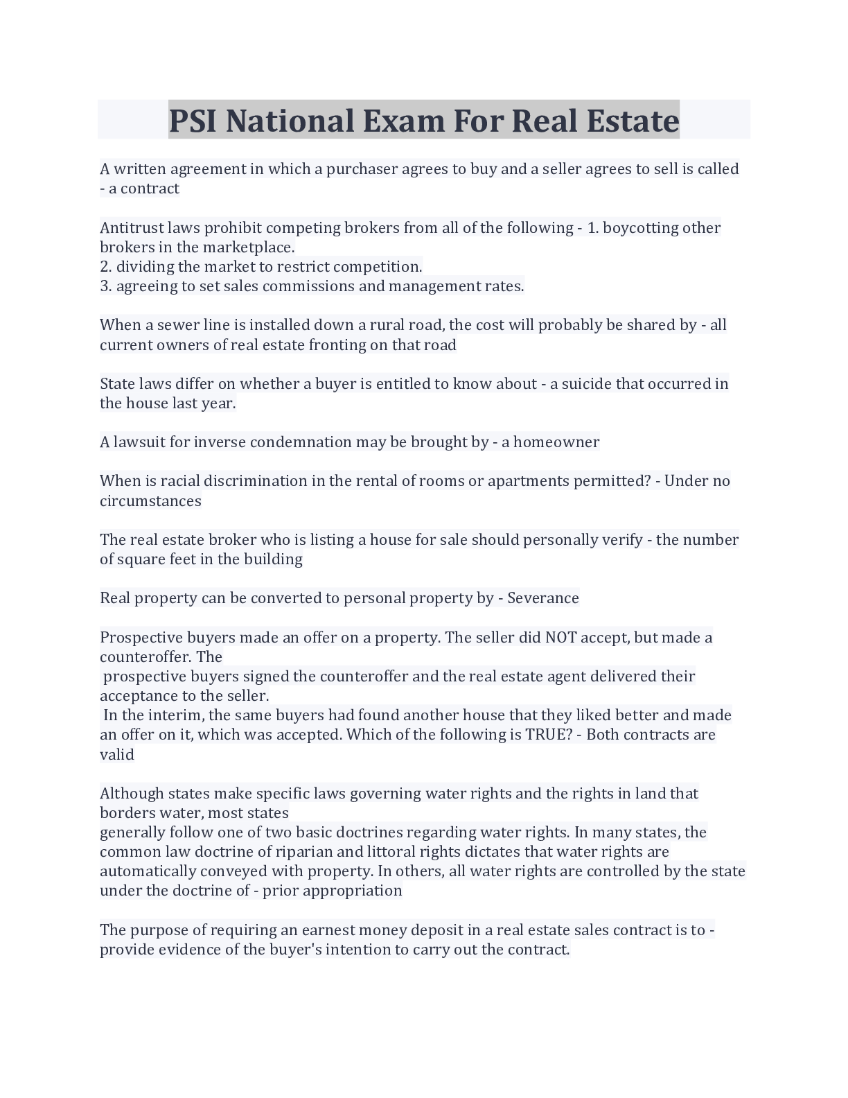 Preview image for PSI National Exam For Real Estate Questions And Answers